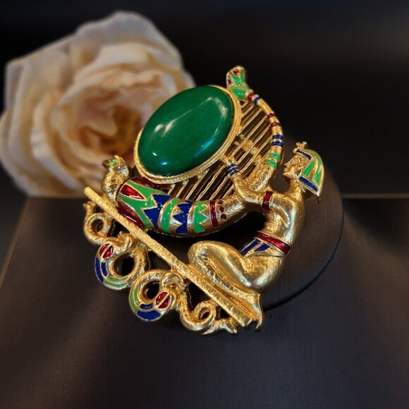 Exquisite Vintage Egyptian Revival Pharaoh & Harp Statement Brooch - Picture 4 of 7
